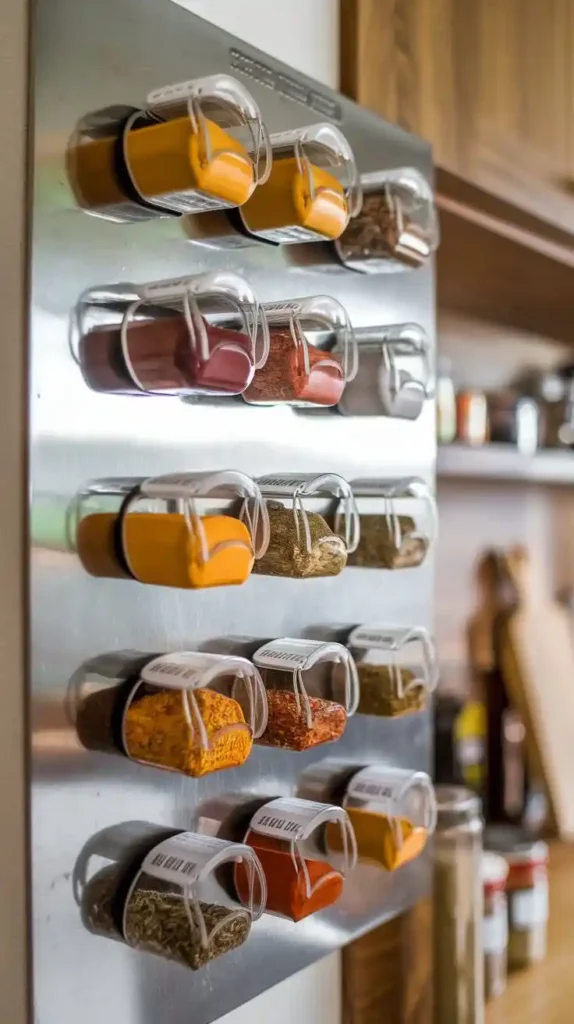 Wall-mounted magnetic spice rack for efficient kitchen storage