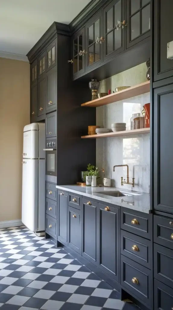 Galley kitchen with black cabinetry and vertical storage utilizing upper shelves