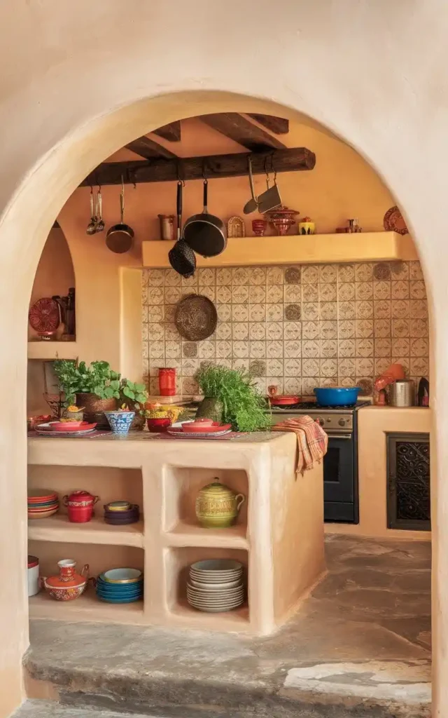 Mediterranean open kitchen with earthy tones, archway entrance, and rustic tile backsplash