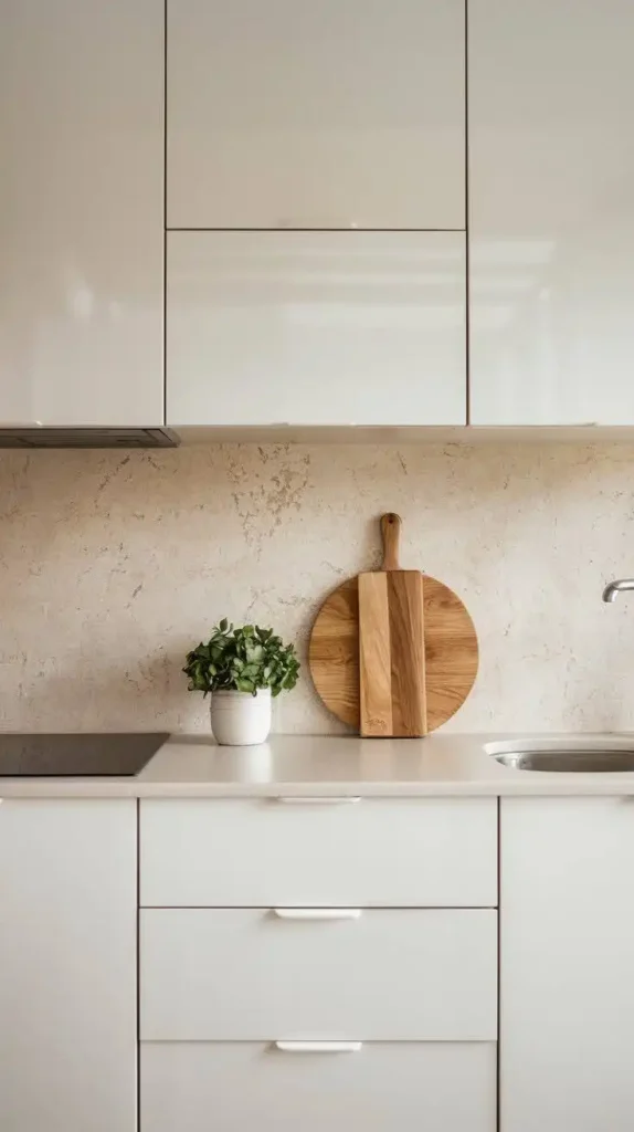 Minimalist modern kitchen with sleek white cabinets and neutral tones