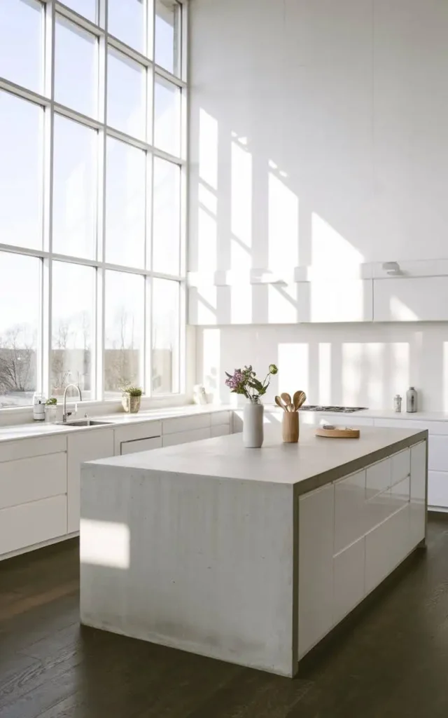 Minimalist open kitchen with sleek white cabinetry, a concrete island, and large floor-to-ceiling windows