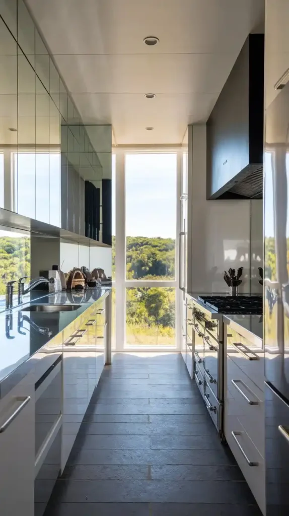 Galley kitchen with mirrored surfaces reflecting light and enhancing the space