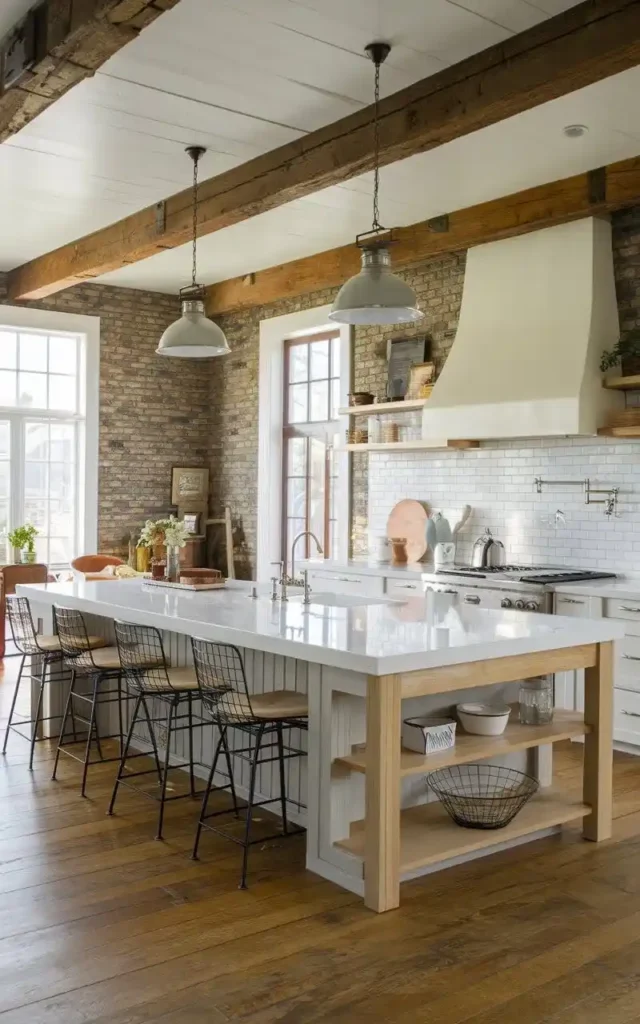 Modern farmhouse kitchen with exposed brick walls, wooden beams, and a large white island