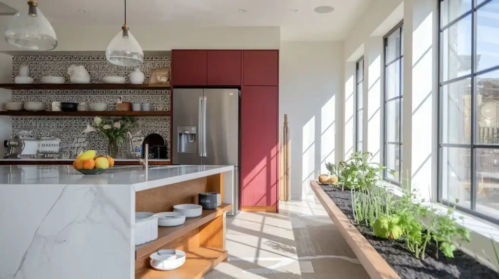 Modern kitchen with a built-in herb garden and stylish design elements