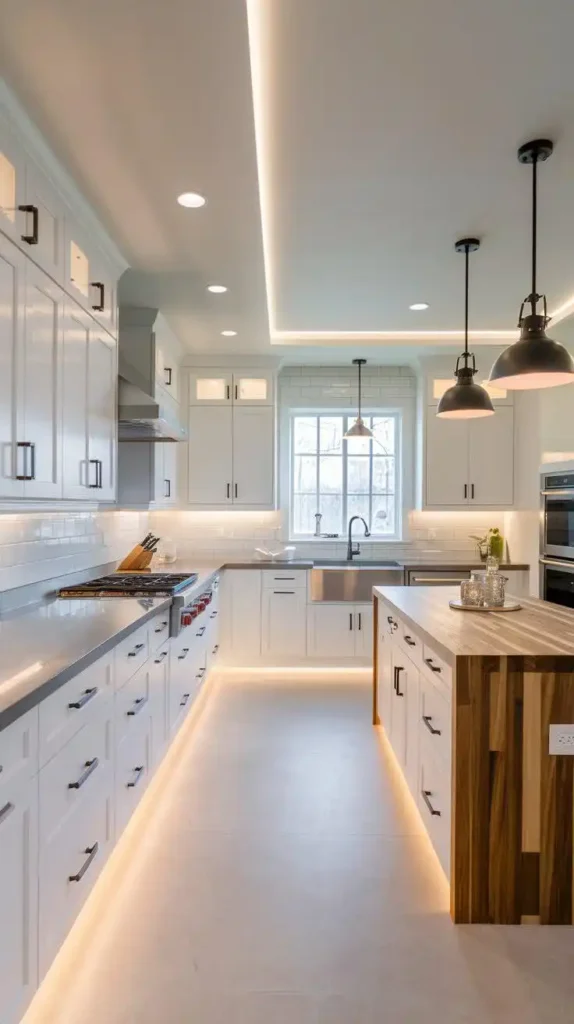 Modern kitchen with under-cabinet and ceiling lighting to enhance the space