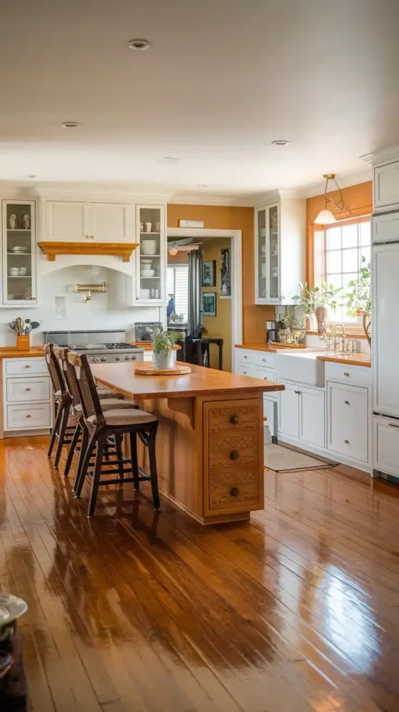 Spacious kitchen with a wooden island, white cabinetry, and shiny hardwood flooring