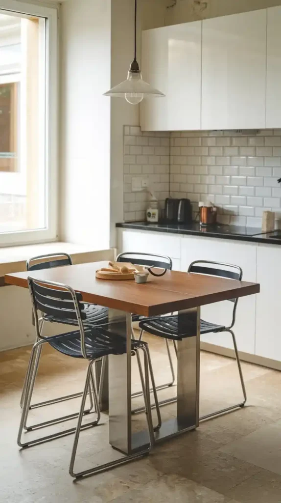 Small kitchen with modular furniture, a wooden dining table, and modern black chairs