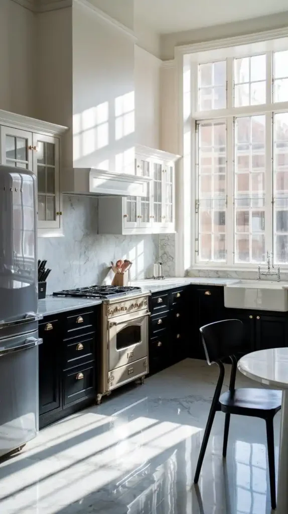 Modern monochrome kitchen with black and white cabinetry and marble accents