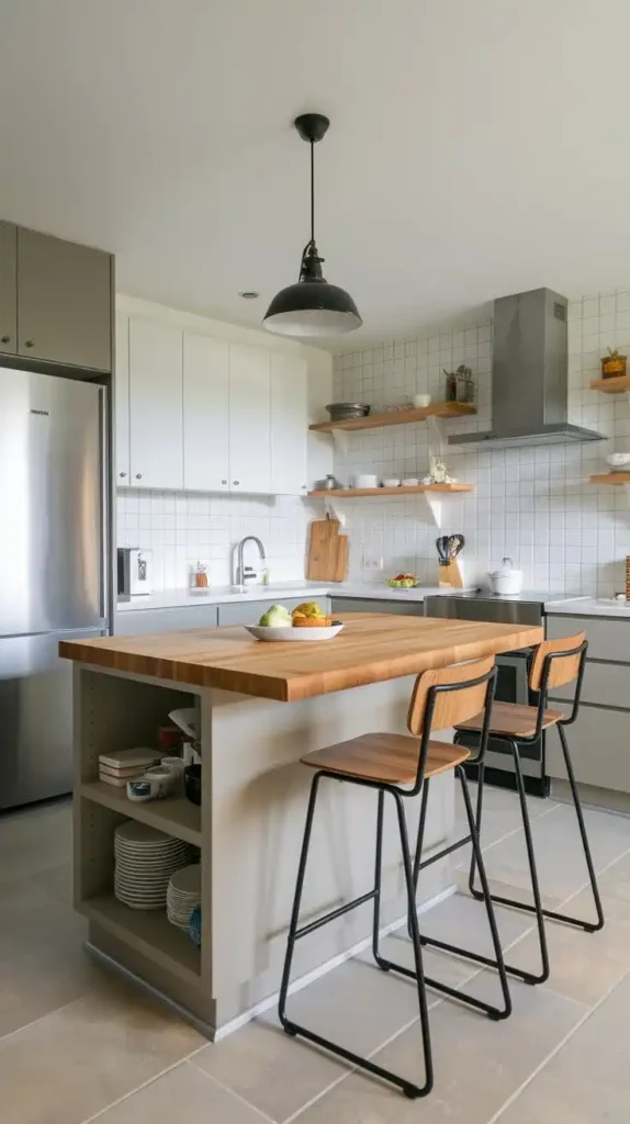 Small kitchen with a multi-functional island featuring built-in storage and bar seating