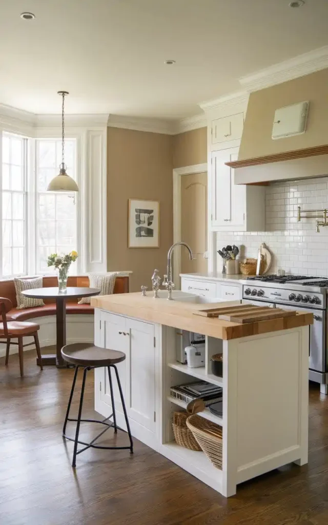 Multi-functional open kitchen with a central island, cozy breakfast nook, and white cabinetry