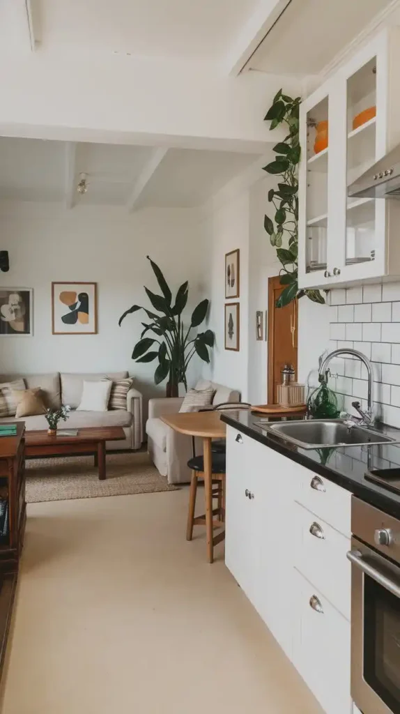 Open-concept small kitchen with white cabinets, a cozy living area, and natural decor