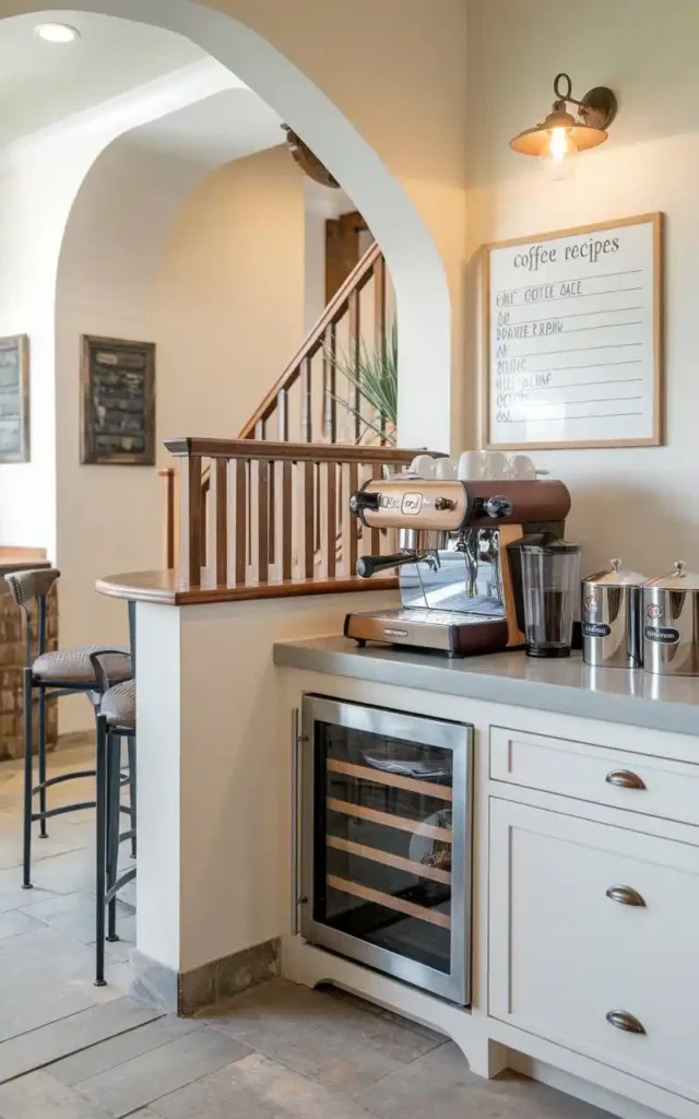 Open kitchen with a built-in coffee bar, espresso machine, and wine cooler