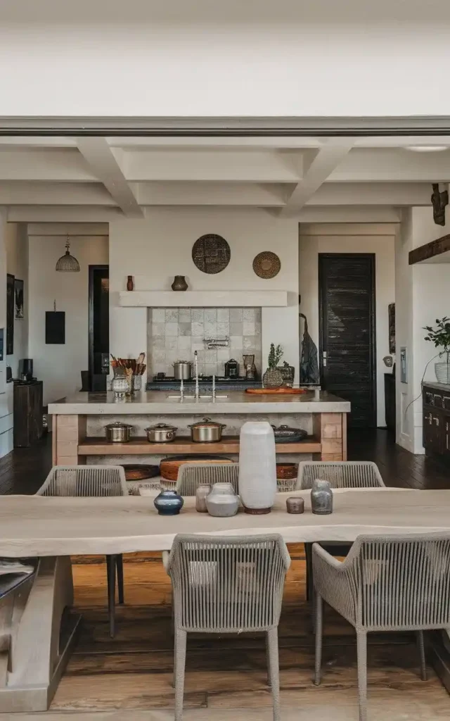 Open kitchen with a rustic dining area, natural wood table, and minimalist decor