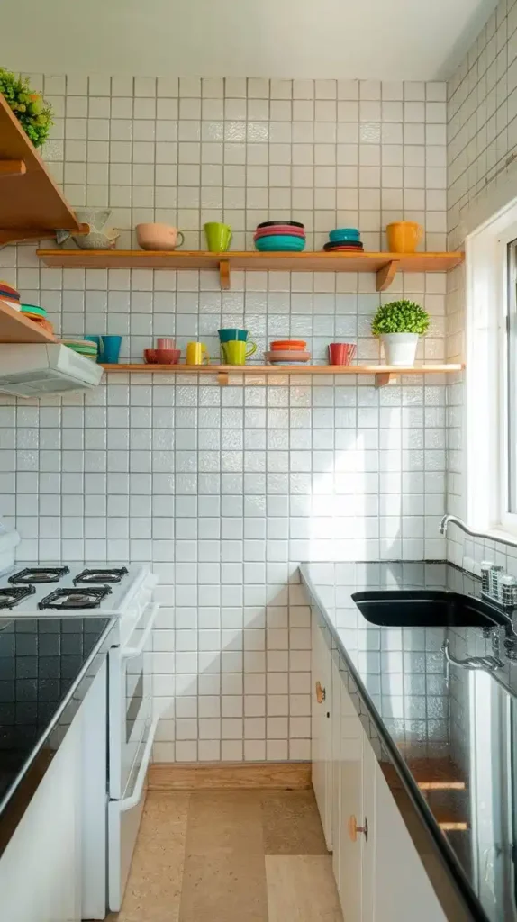 Small kitchen with open shelving and black countertops for a modern look