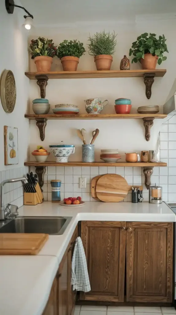 Small kitchen with wooden open shelves displaying potted plants, ceramic dishes, and rustic decor