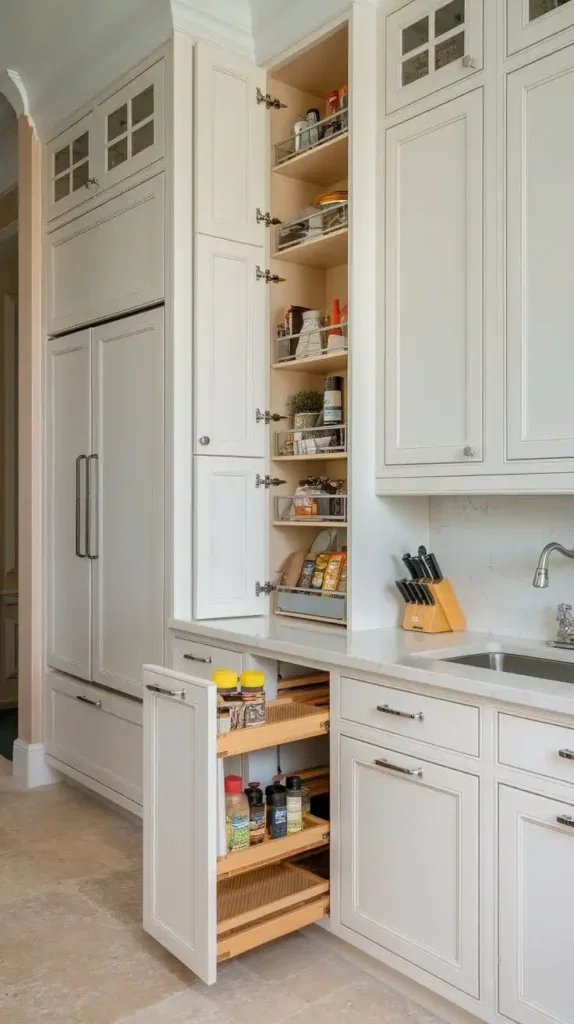 Efficient kitchen storage with pull-out pantry shelves and spice racks