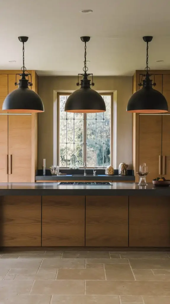 Modern kitchen with pendant lights, wooden cabinetry, and a scenic window view