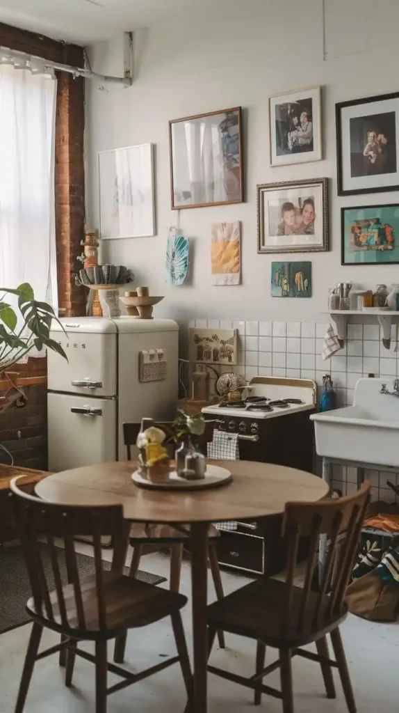 Vintage-inspired small kitchen with warm wooden tones and nostalgic personal decor