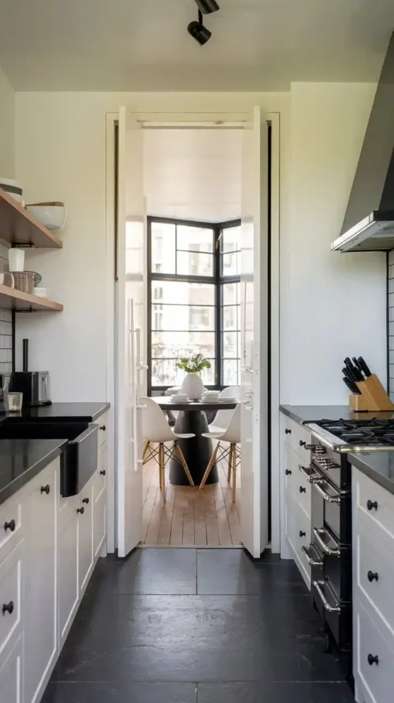 Galley kitchen with pocket doors connecting to an adjacent dining area