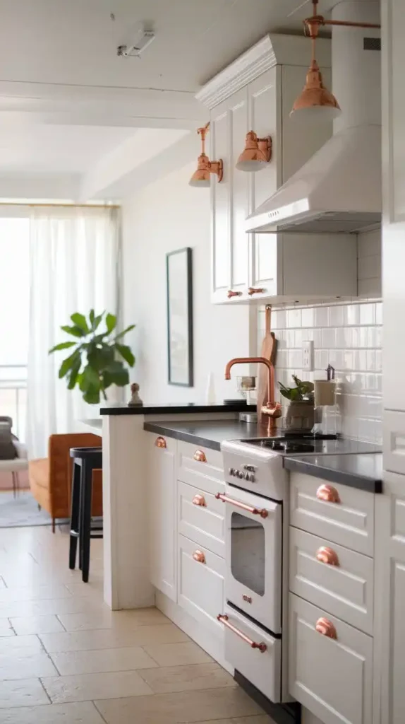 Galley kitchen with metallic copper accents on hardware and lighting