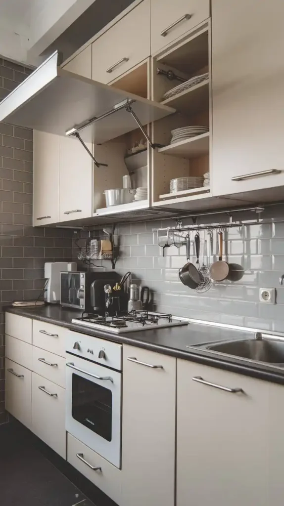 Galley kitchen with pull-down cabinets for easy access to stored items