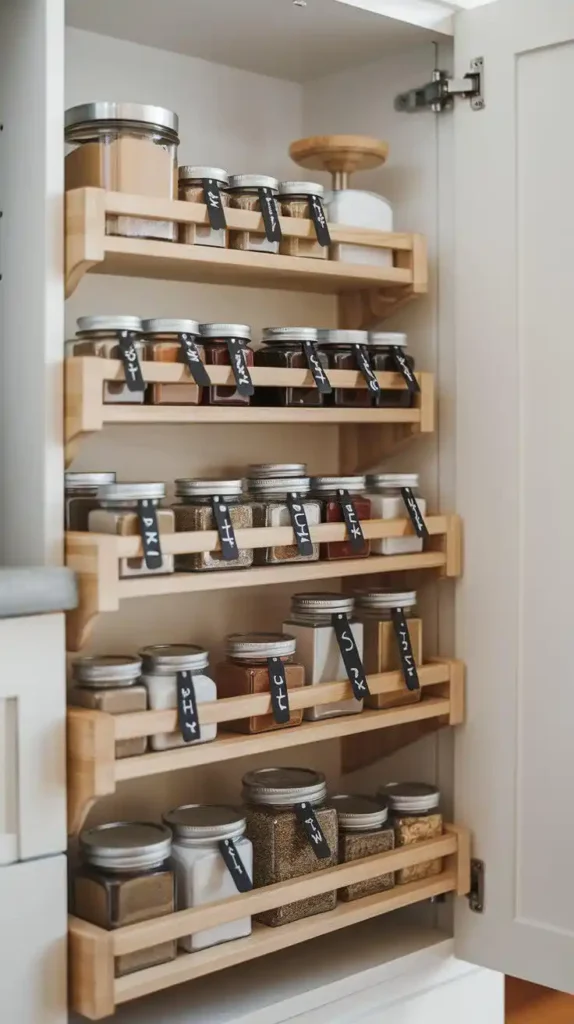 Pull-out cabinet spice rack for organized kitchen storage