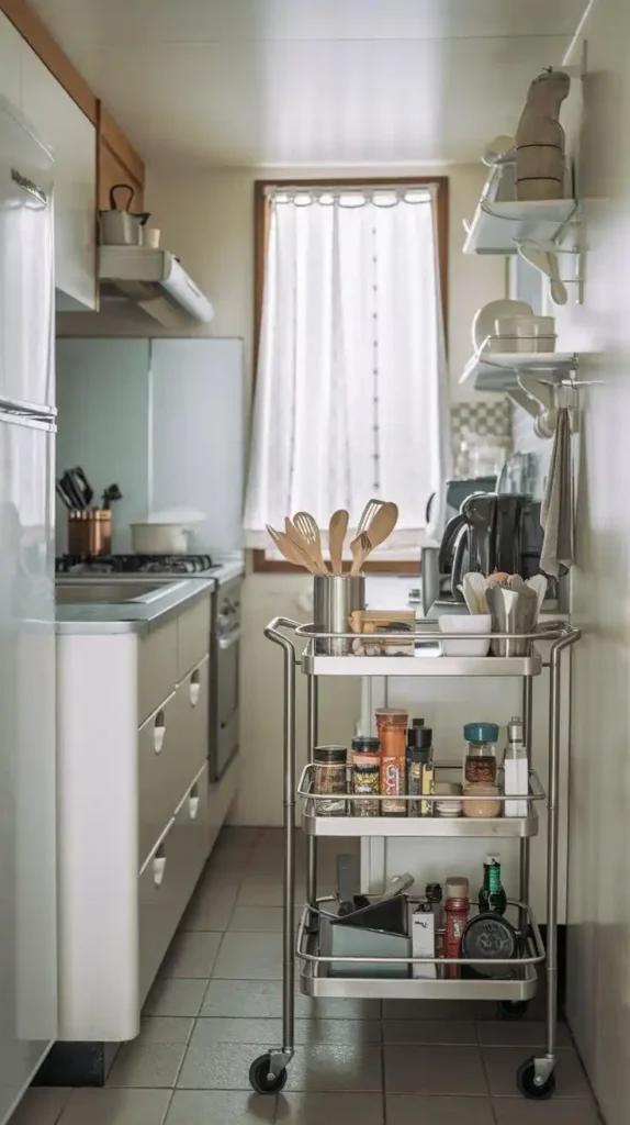 Galley kitchen with a rolling cart for additional storage and organization