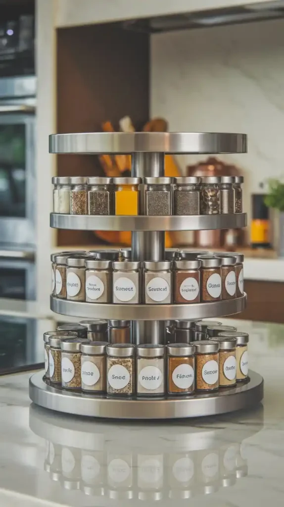 Rotating carousel spice rack for a modern kitchen