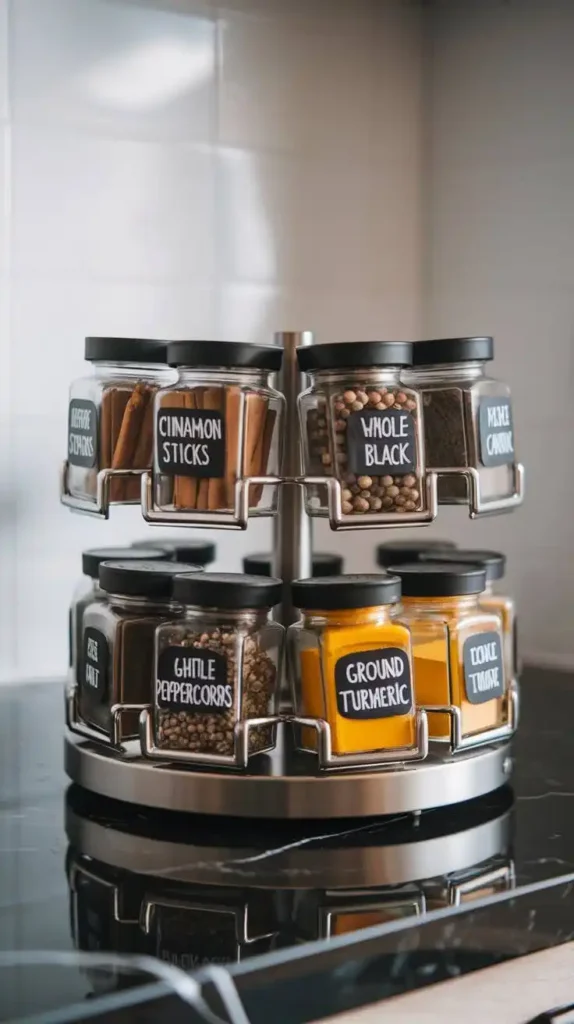 Rotating carousel spice rack for kitchen countertop organization