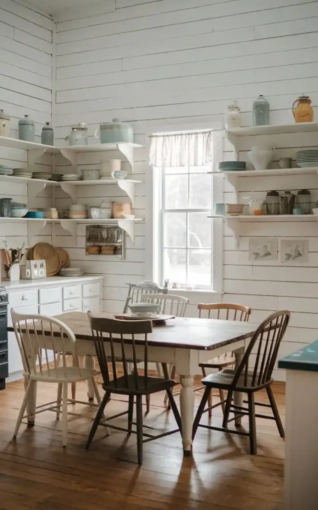 Rustic farmhouse kitchen with open shelving, shiplap walls, and a wooden dining table surrounded by mismatched chairs