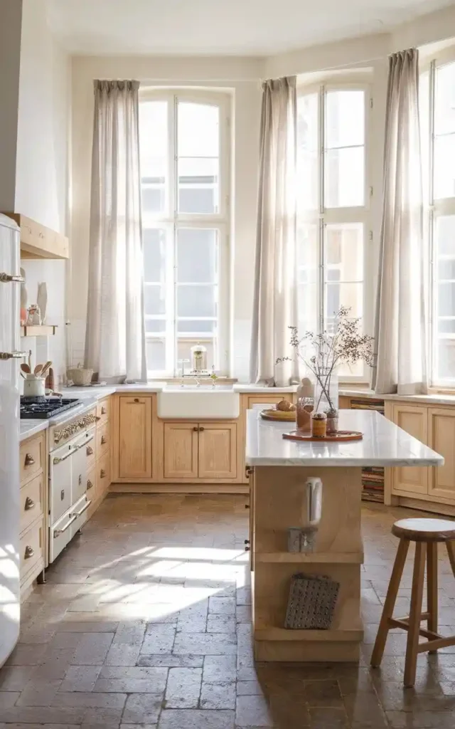 Scandinavian-style kitchen with natural wood cabinetry, a farmhouse sink, and large windows