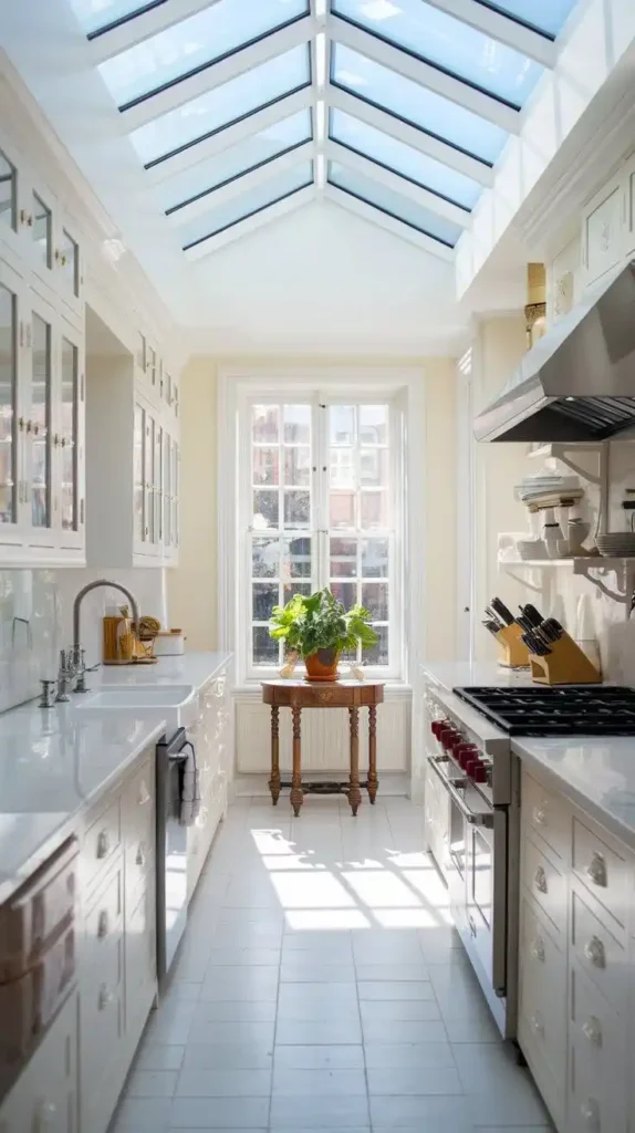 Galley kitchen with a skylight bringing in natural light and brightening the space