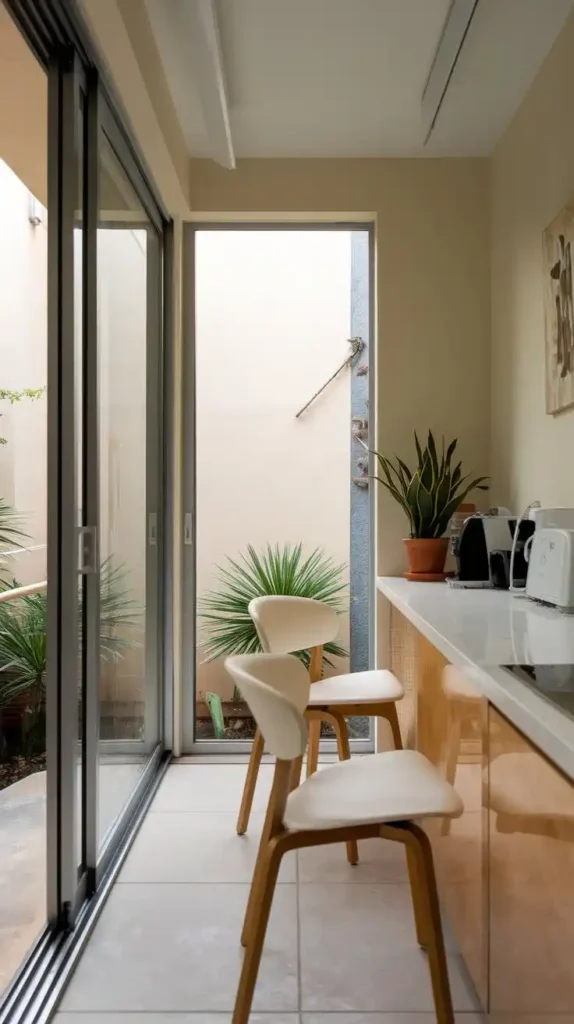 Minimalist small kitchen with floor-to-ceiling sliding doors and sleek white decor