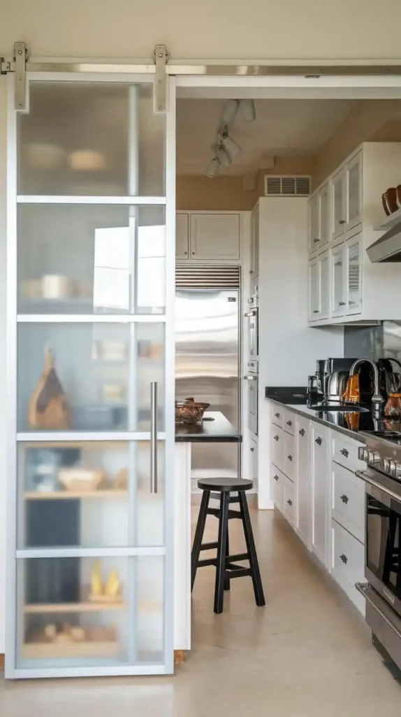 Galley kitchen with sliding doors leading to hidden storage space