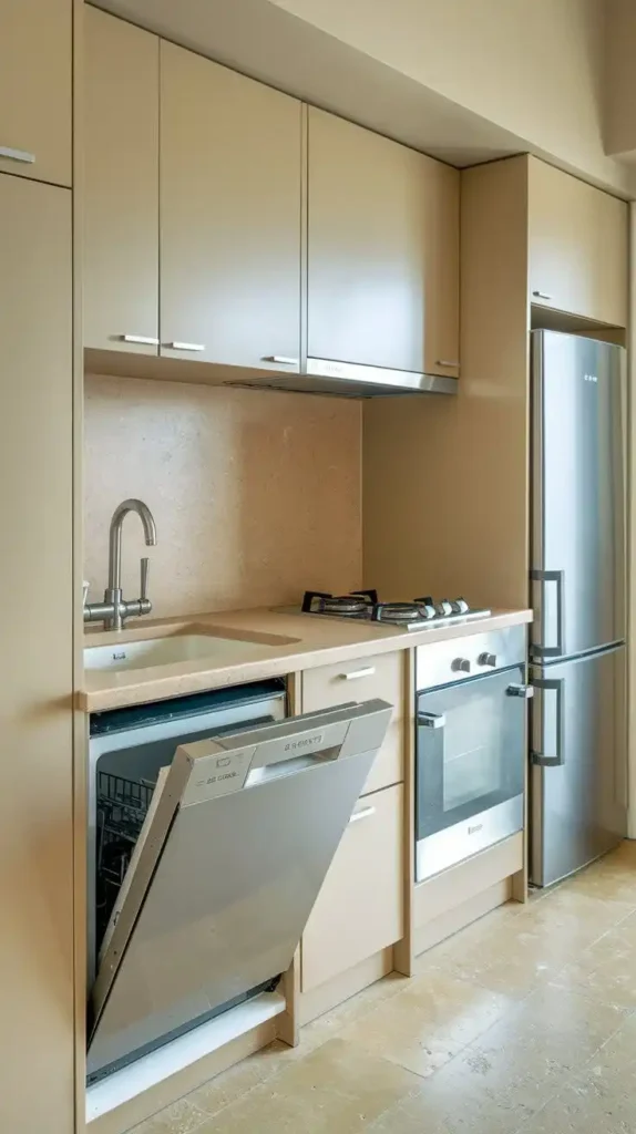 Galley kitchen with slimline appliances including a dishwasher and refrigerator