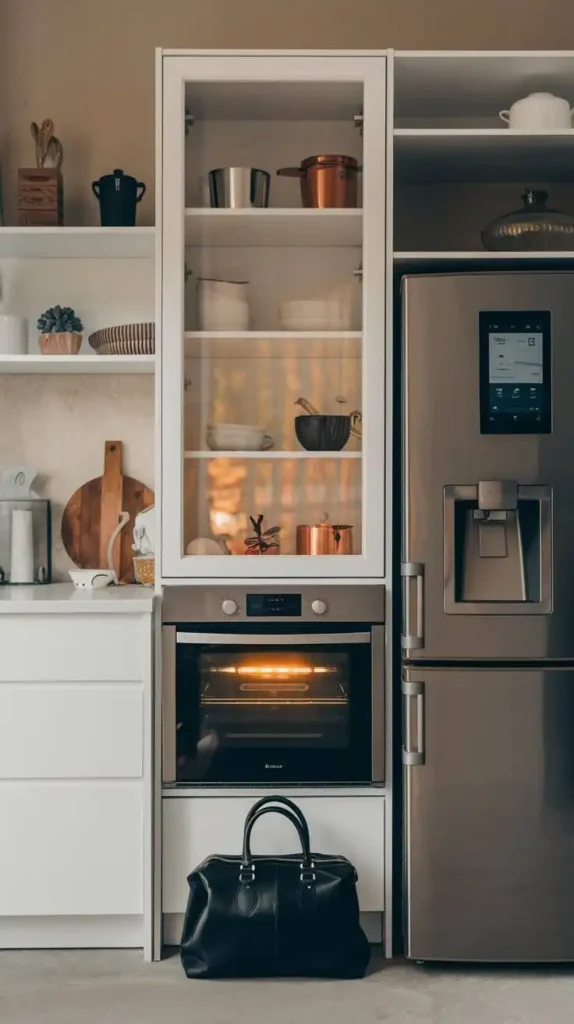 Small kitchen with high-tech smart appliances, digital fridge, and modern cabinetry