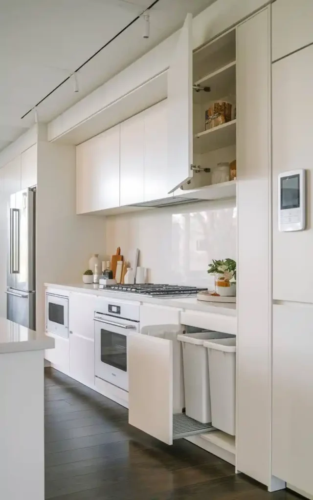 Smart kitchen with sleek white cabinets, built-in appliances, and sustainable waste management features