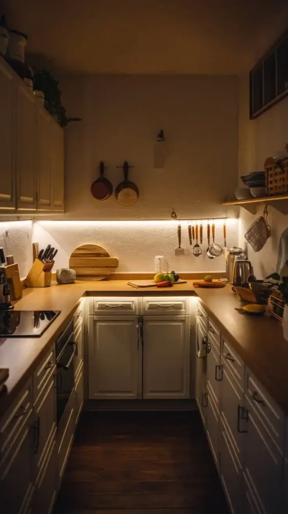 Compact kitchen with smart lighting solutions, warm LED strips, and efficient cabinet lighting