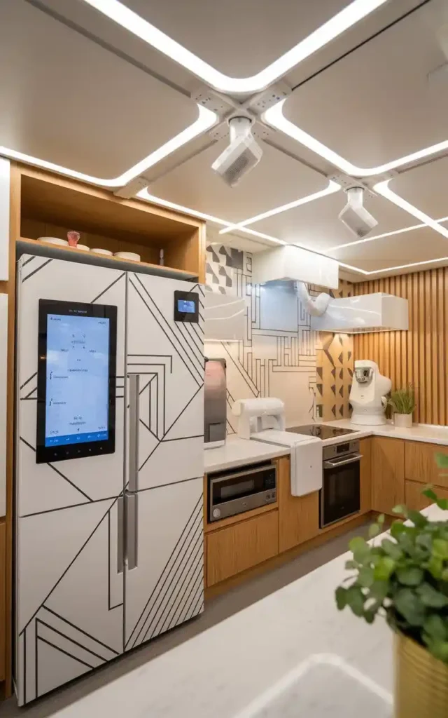 Smart open kitchen with integrated appliances, touch-screen refrigerator, and modern lighting