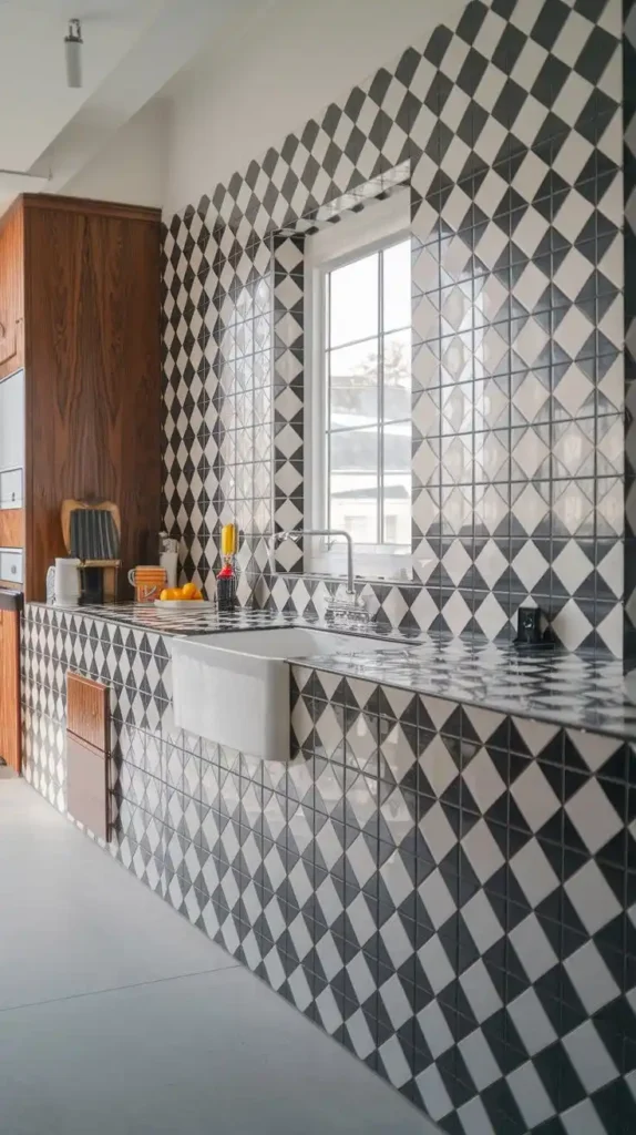 Galley kitchen with a bold black and white geometric statement backsplash