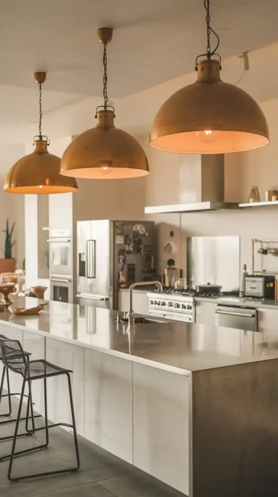 Elegant kitchen with metallic pendant lights and a polished countertop