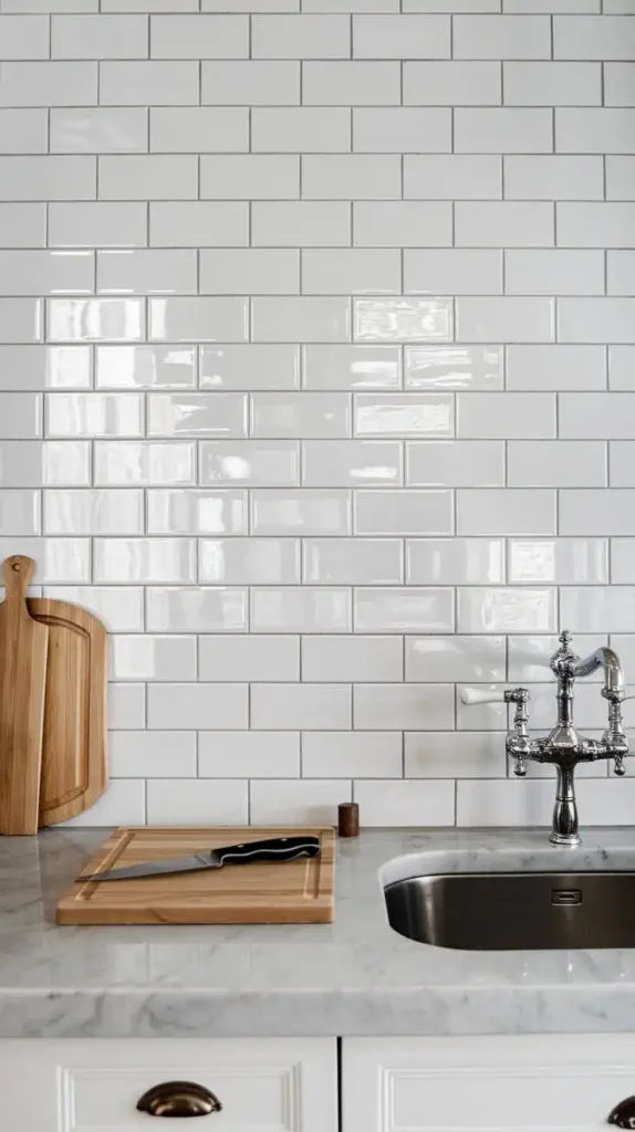 Elegant kitchen backsplash with white subway tiles, a bamboo cutting board, and a vintage faucet