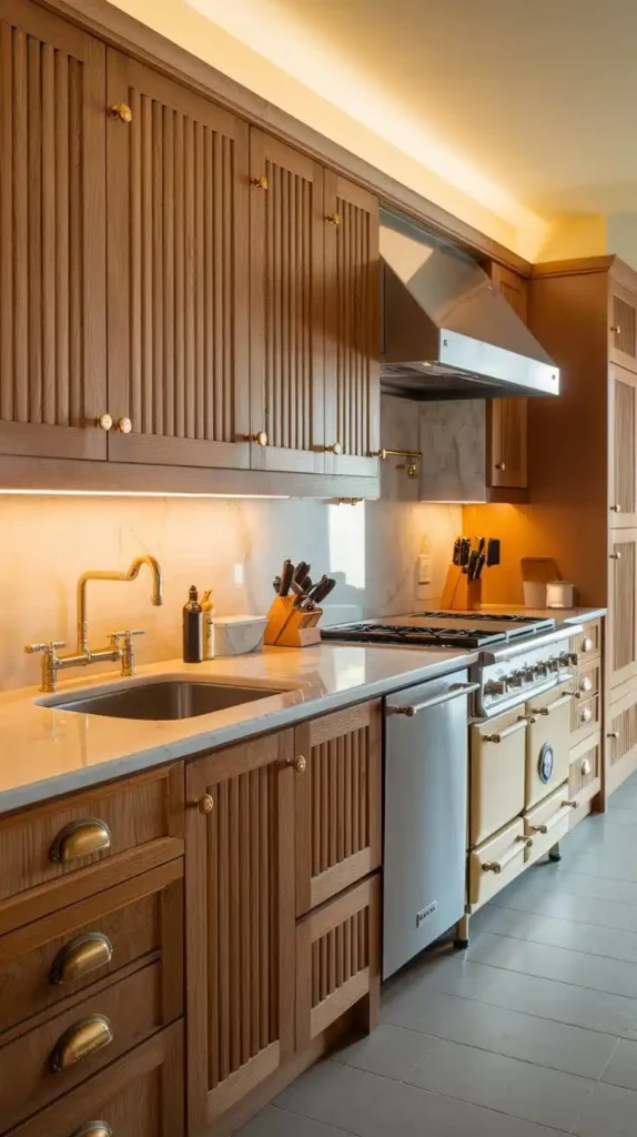 Galley kitchen with textured wood cabinetry and elegant brass hardware