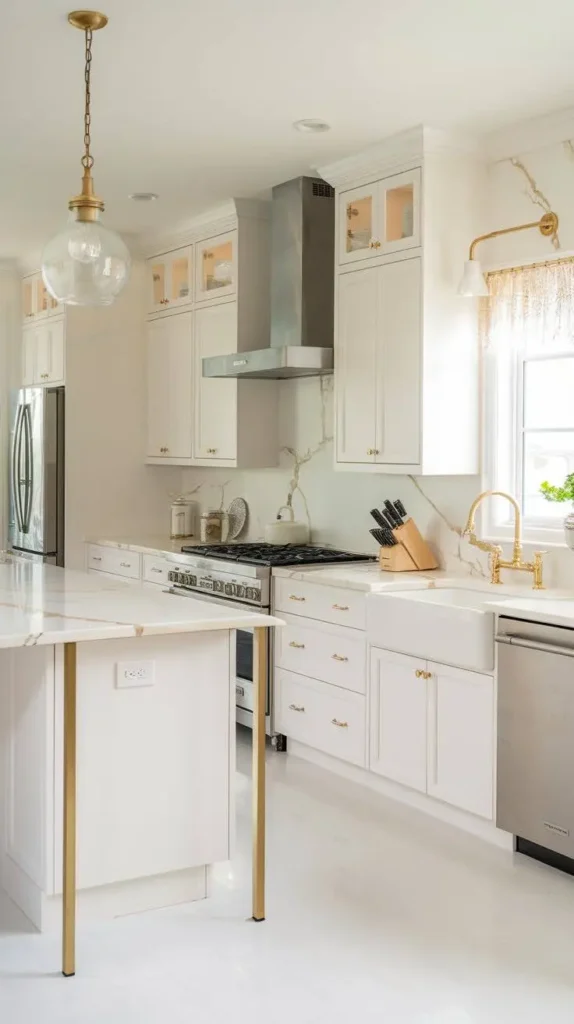 Elegant kitchen with white cabinetry, gold hardware, and a luxurious marble countertop