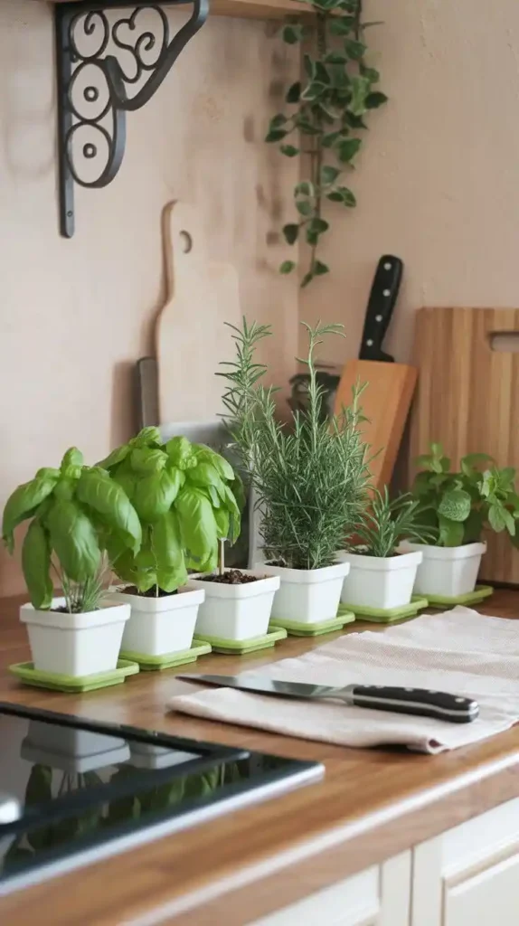 Kitchen counter with fresh herbs in white pots, adding a touch of greenery