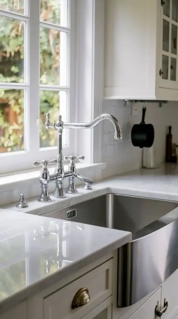 Elegant kitchen with a stainless steel farmhouse sink and vintage-style faucet