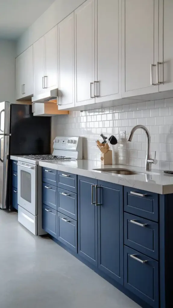 Modern kitchen with two-tone cabinets in navy blue and white