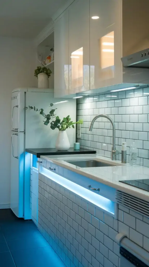 Galley kitchen with under-cabinet LED strip lighting for added ambiance