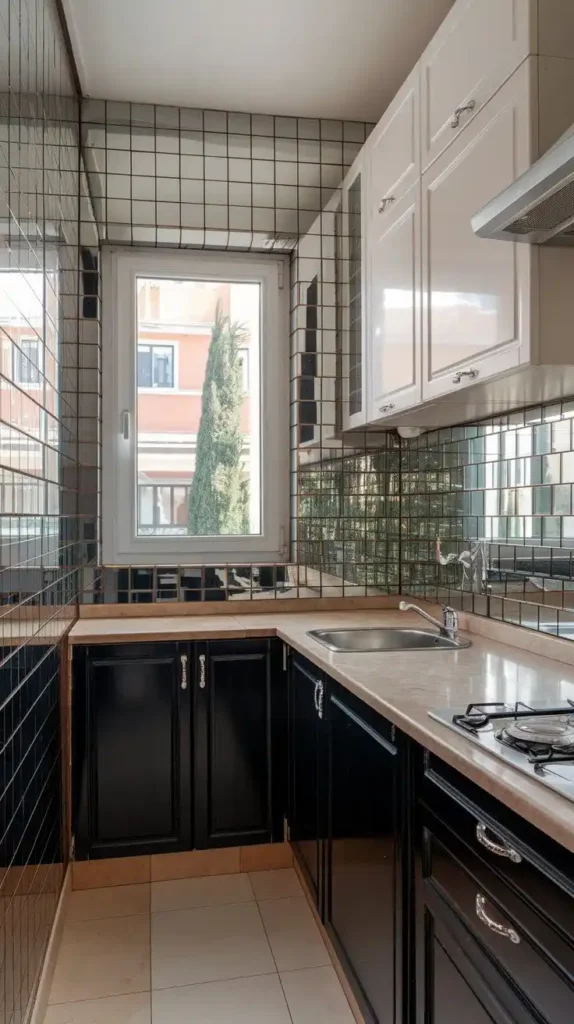 Small kitchen with mirrored backsplash and glossy cabinetry to enhance space and light