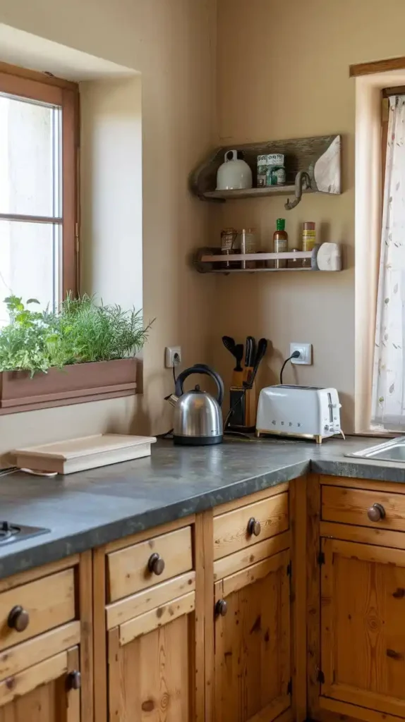 Eco-friendly small kitchen with rustic wood cabinetry and green plants